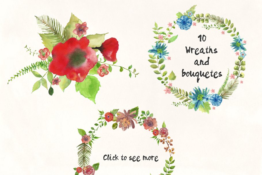 水彩花卉和树叶剪贴画 Watercolor Flowers and Leaves Pack插图1