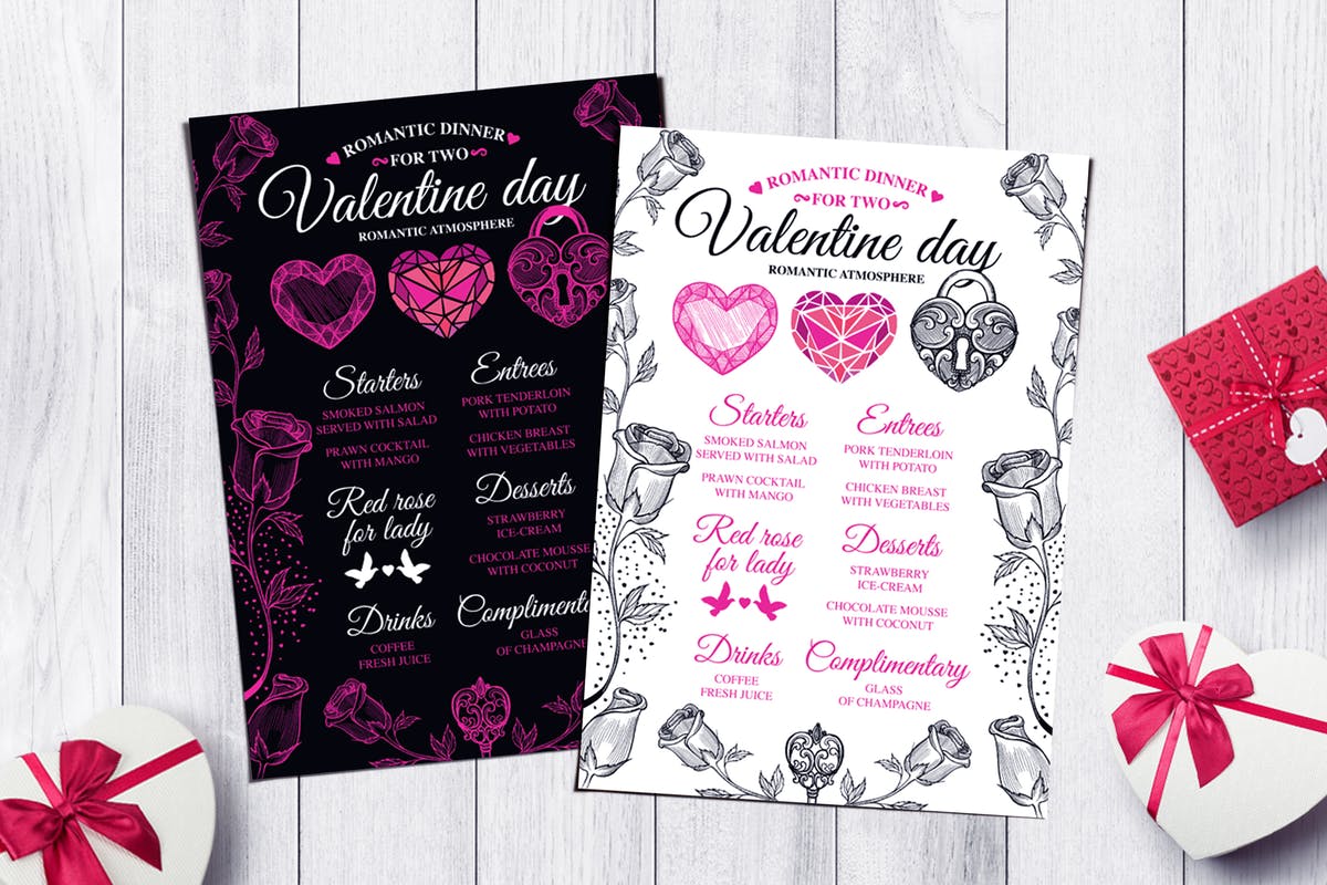 情人节主题餐厅套餐菜单设计PSD模板 Valentine’s Day Menu Template插图