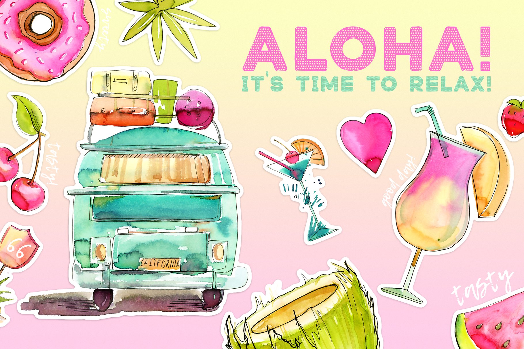 夏日度假主题水彩插画元素 Aloha!!! Time to Relax插图