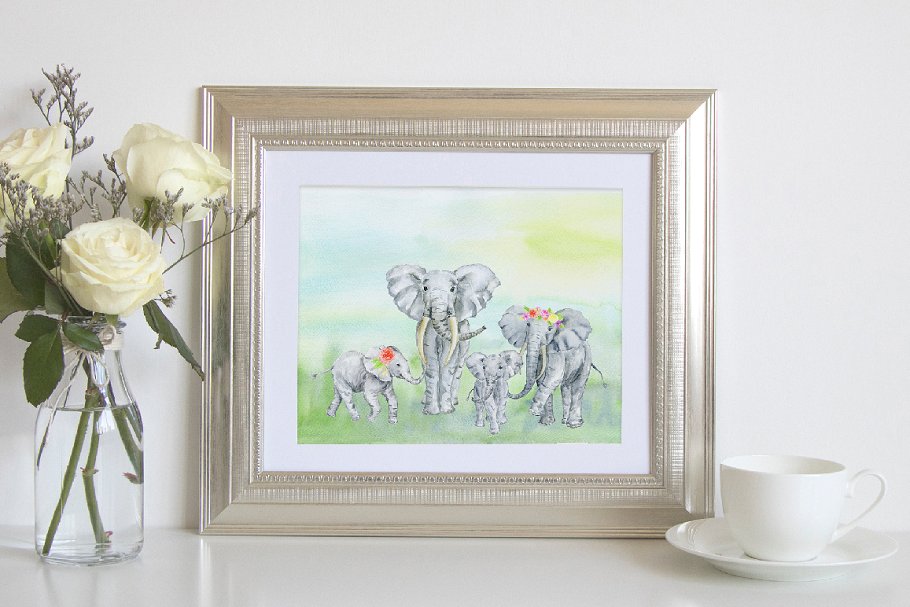 手绘灰白色大象插图 Watercolor Herd of Elephants插图6