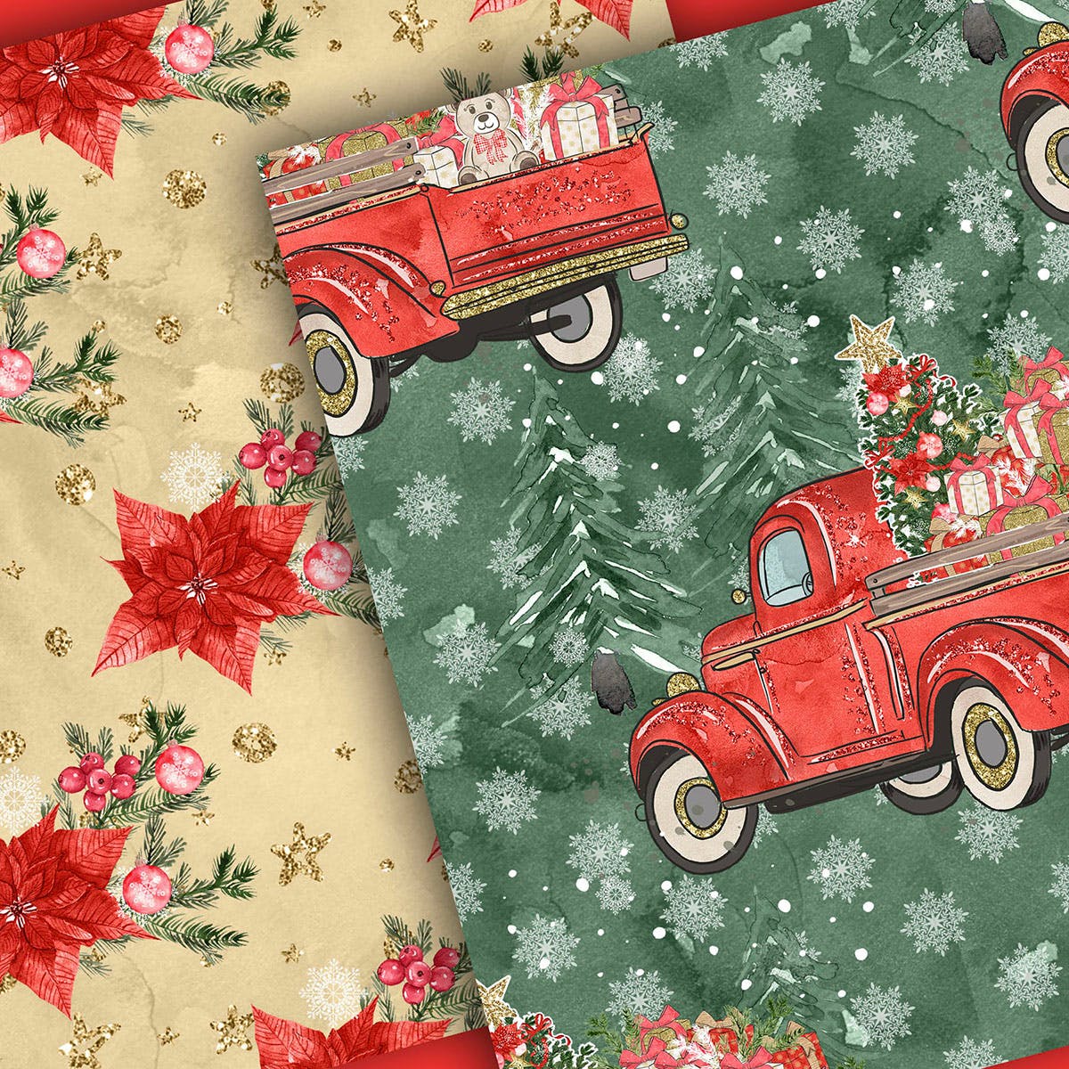 圣诞节礼物卡车手绘图案数码纸张背景素材 Christmas Car digital paper pack插图(2)