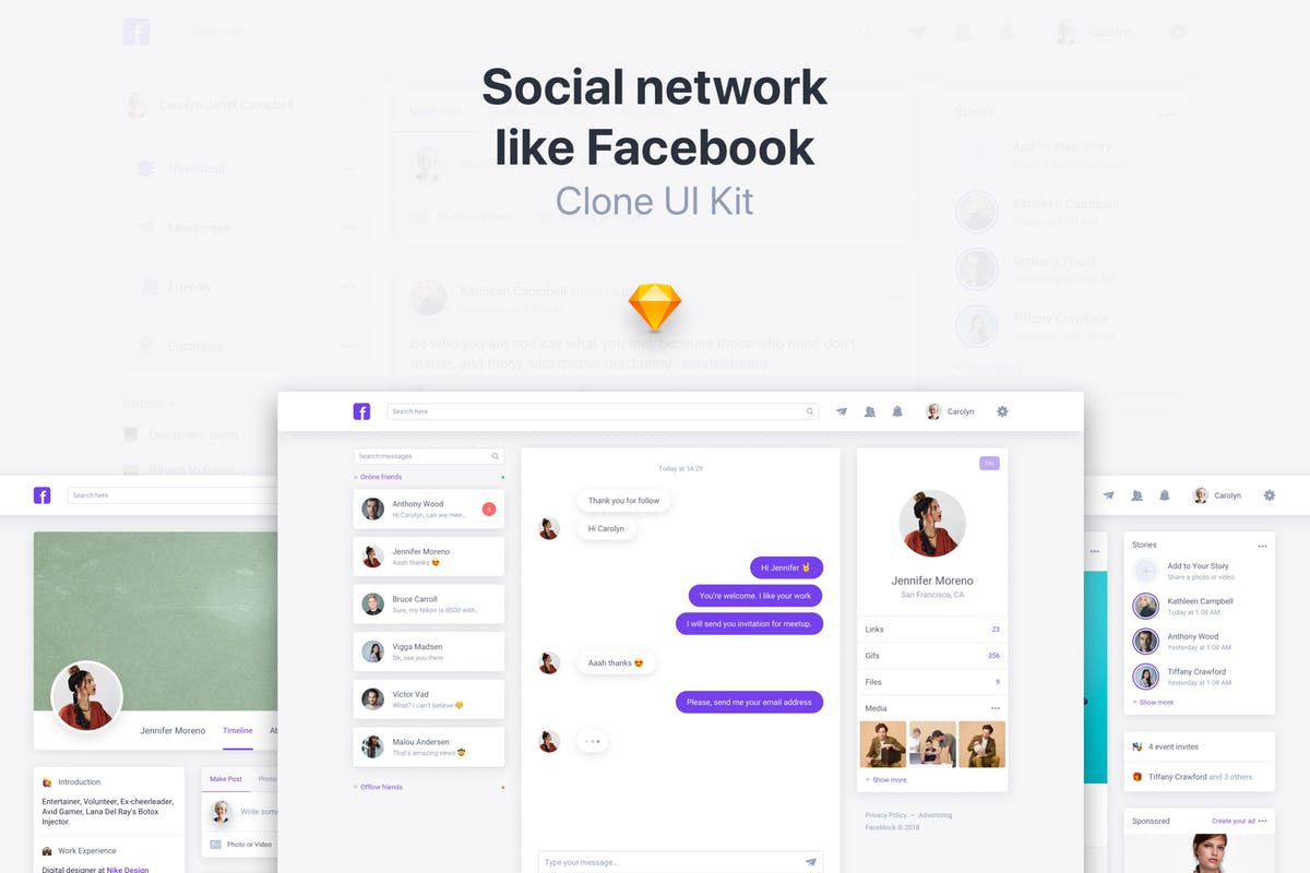 仿Facebook社交网站用户界面UI模板 Clone UI Kit – Social network like Facebook插图