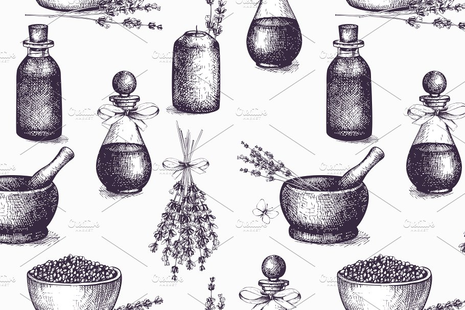 复古墨水手绘薰衣草矢量插图 Vector Lavender Designs Set插图(4)