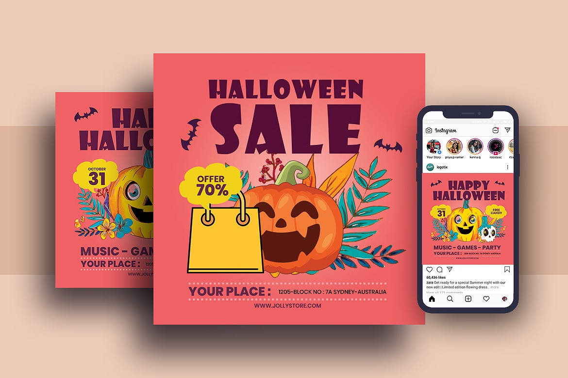 万圣节节日促销海报模板和Instagram推广素材 Halloween Festival Flyer & Instagram Post Design插图