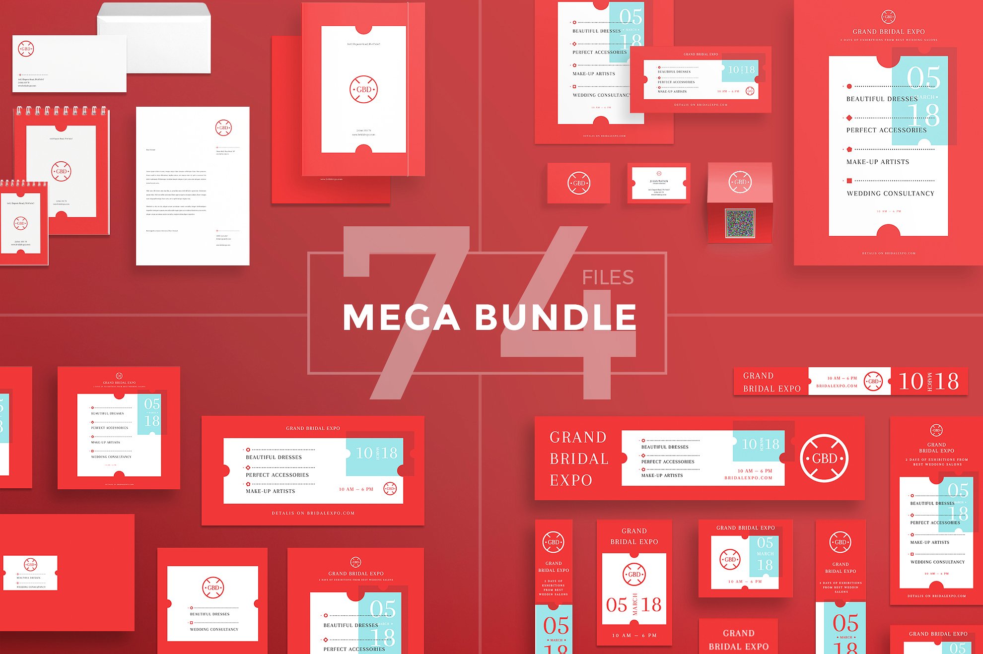 高端红色 VI 设计素材集 Mega Bundle | Bridal Expo (社交+文档+名片+传单+海报模板 )插图