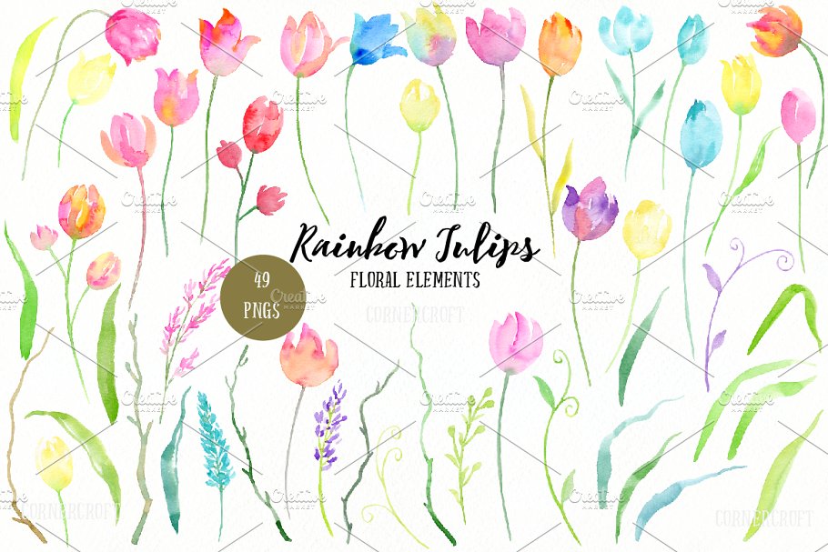 彩虹郁金香水彩插画设计套装 Design Kit Rainbow Tulip插图(1)