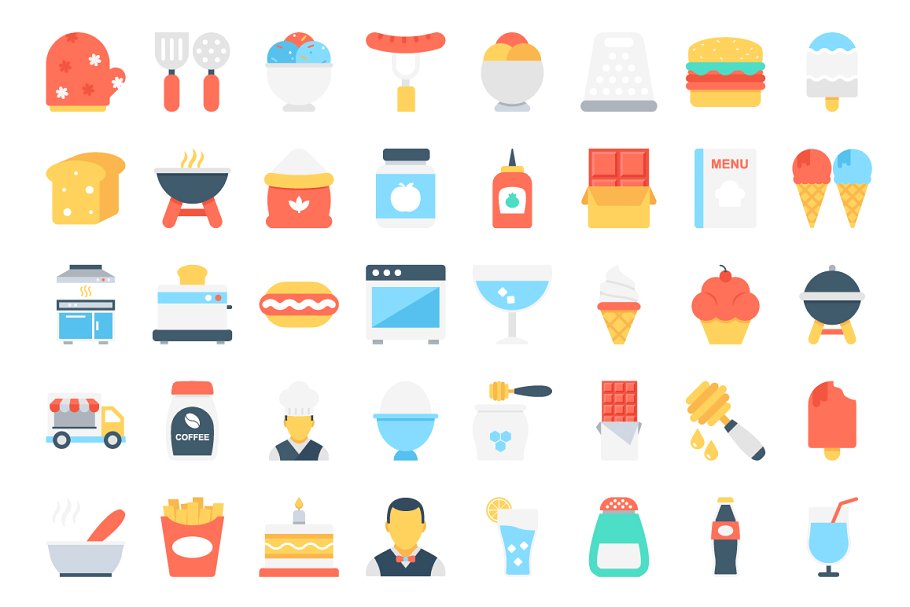 180枚美食食品主题扁平化设计图标下载 180 Flat Food Icons插图(1)