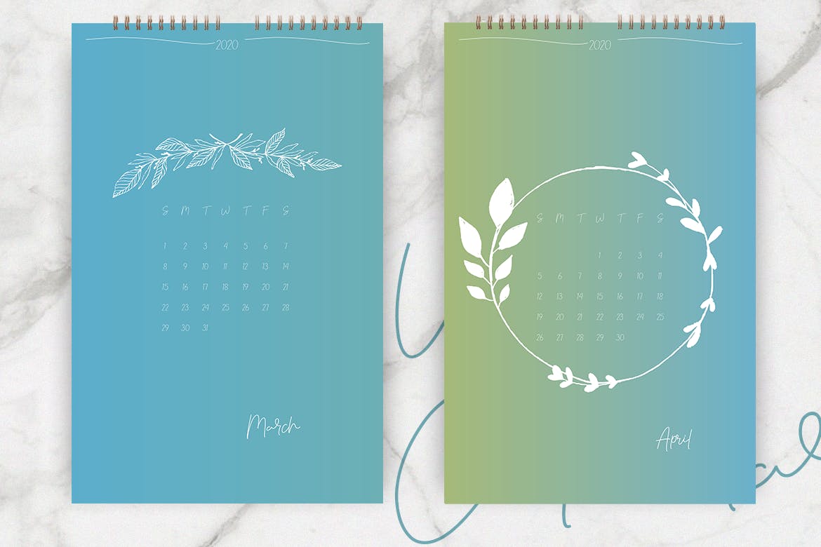 2020年简约植物手绘图案日历表设计模板 Wall Calendar 2020 Layout插图3