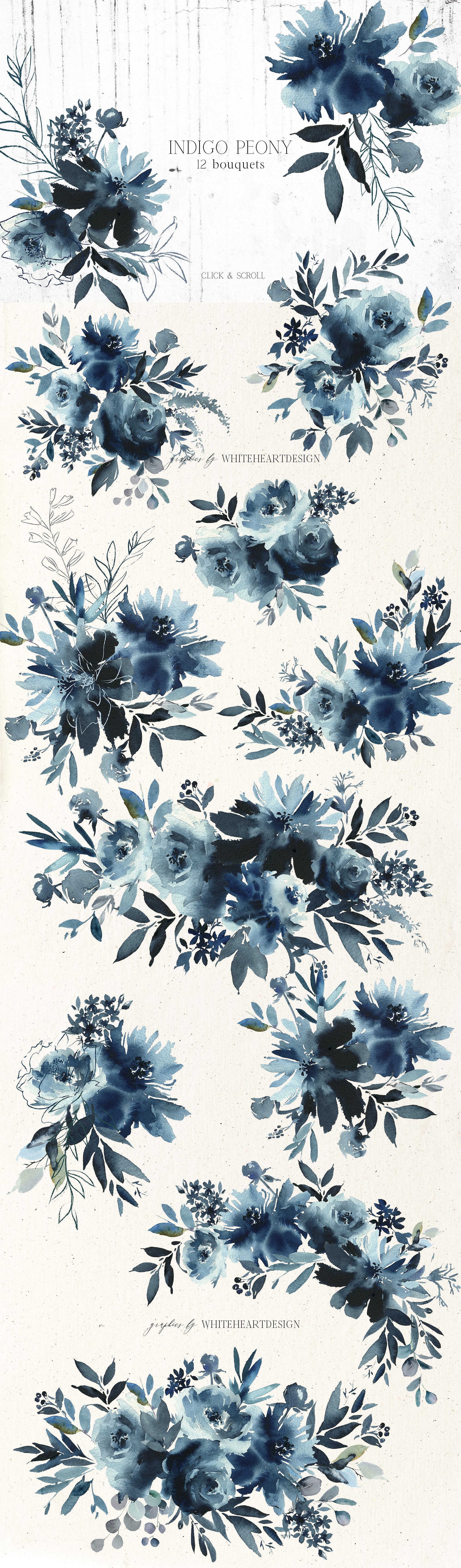 靛蓝牡丹花水彩花卉剪贴画 Indigo Peony Watercolor Floral Set插图(1)