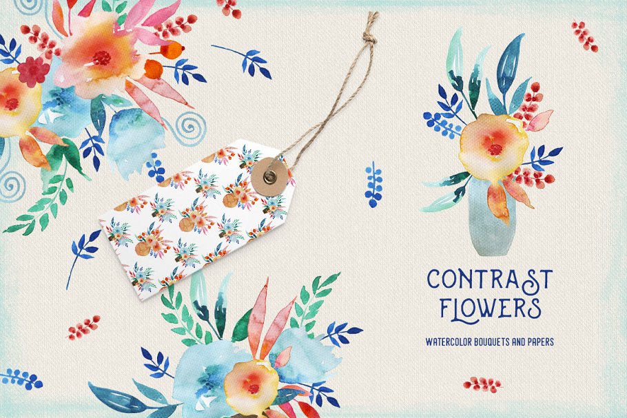 民族风水彩铺满样式花卉剪贴画 Contrast Flowers插图