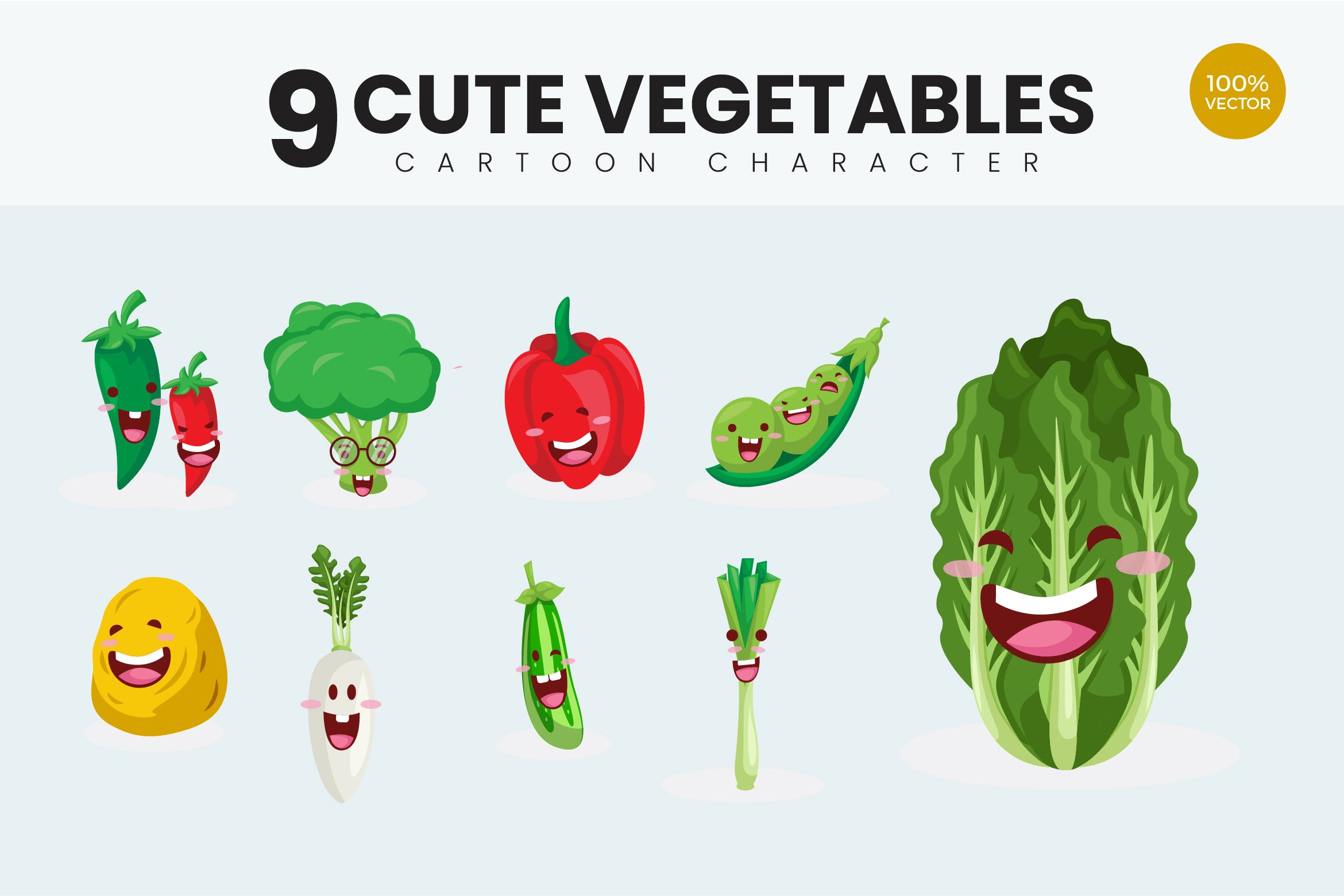 9个蔬菜可爱卡通形象矢量插画v2 9 Cute Vegetables Vector Illustration Vol.2插图