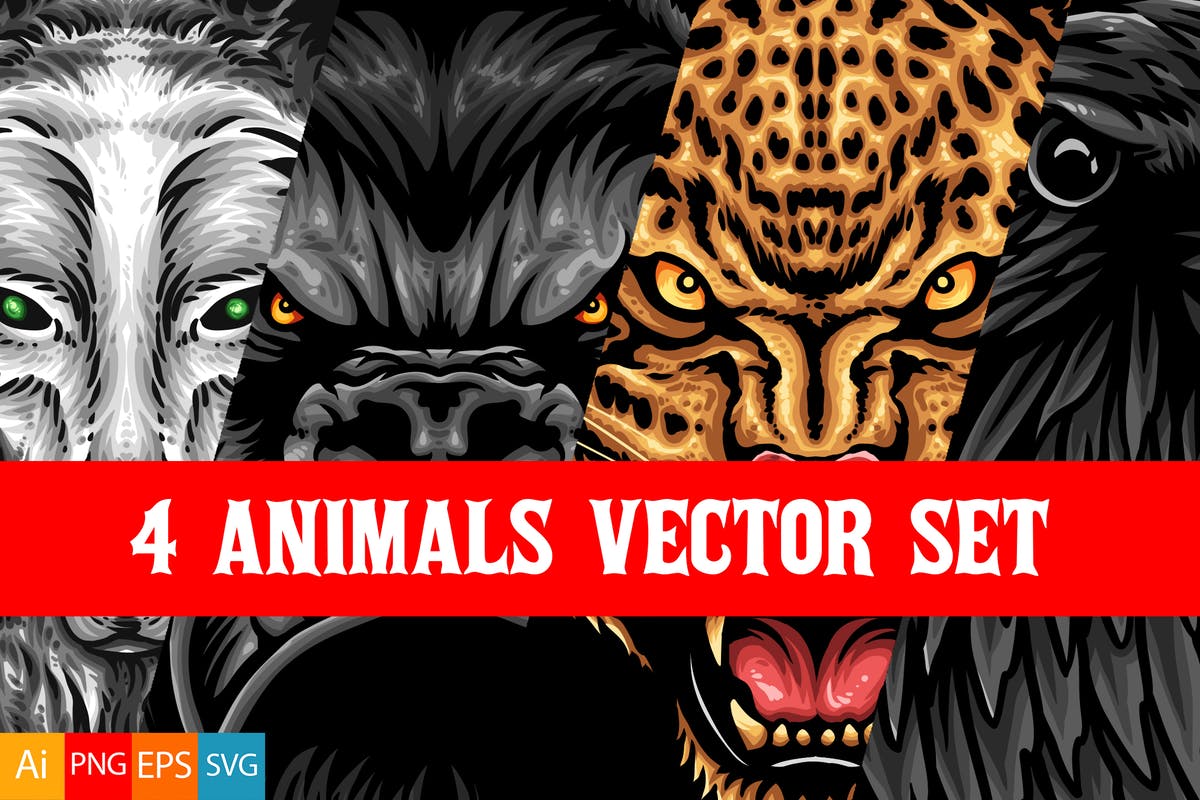 4个动物矢量手绘插画印花图案素材 4 Animals Vector Set插图