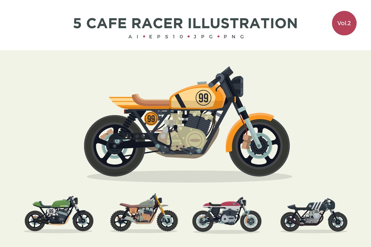 复古老式摩托车矢量插画套装Vol.2 5 Vintage Cafe Racer Vector Illustration Set 2插图