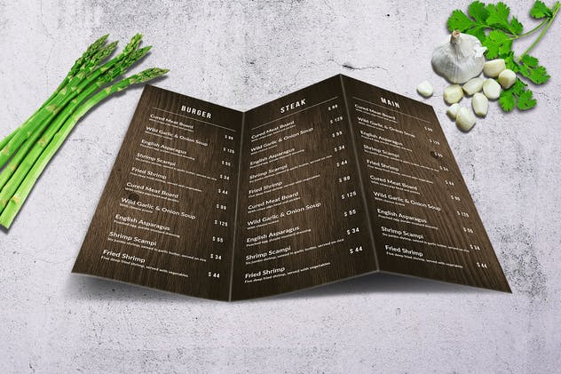 复古木纹三折页食物菜单设计模板 Rain Forest Trifold A4 & US Letter Menu插图2