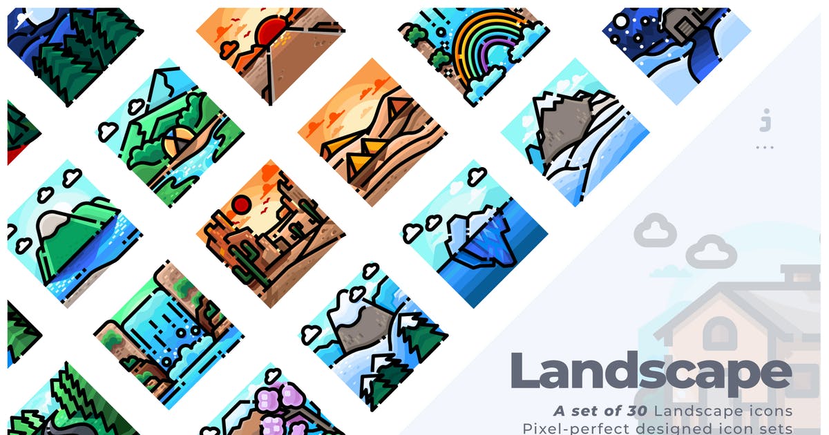 30枚风景景观矢量手绘方形图标素材 30 Landscape Icons插图