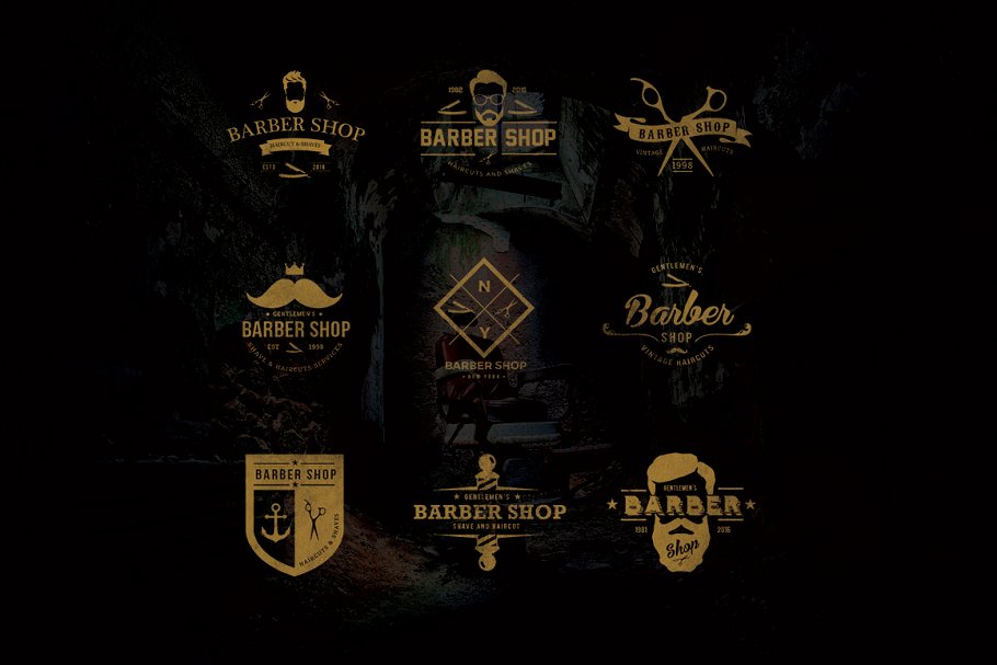 理发店店招Logo标志设计模板 Barber Shop Logo Set插图(1)