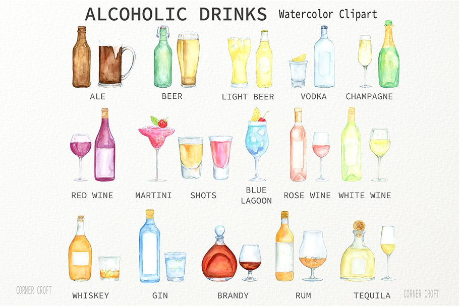 酒瓶酒杯等相关水彩剪贴画合集 Watercolor Alcohol Drink Collection插图(2)