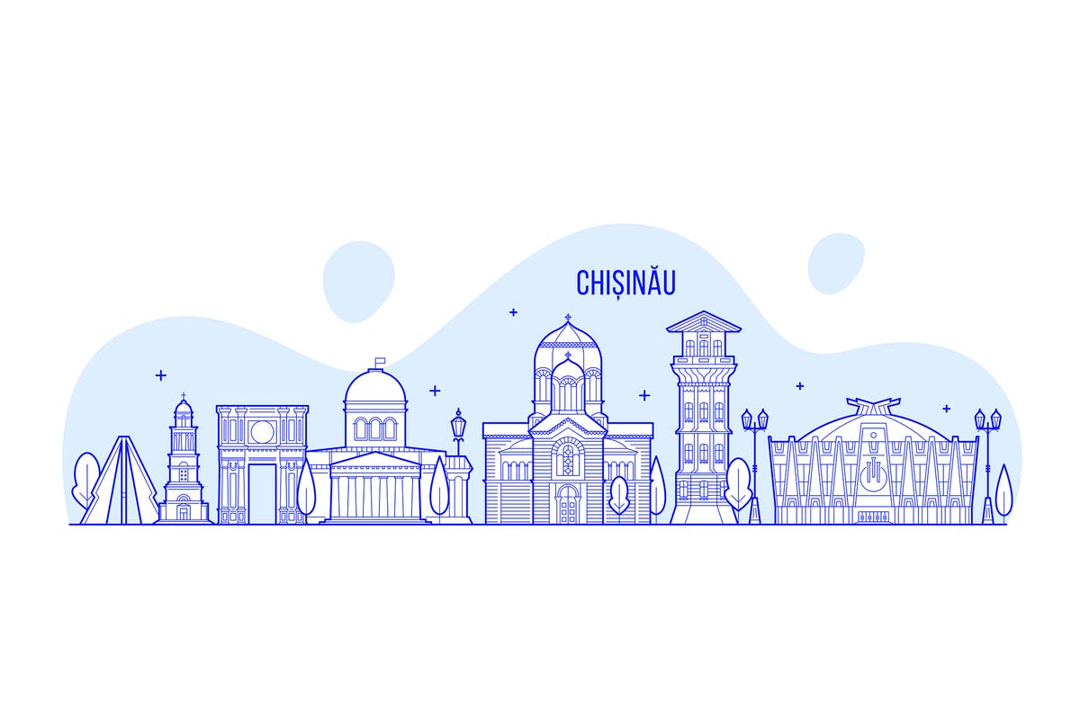 摩尔多瓦基希讷乌城市天际线矢量插画 Chisinau skyline, Moldova插图