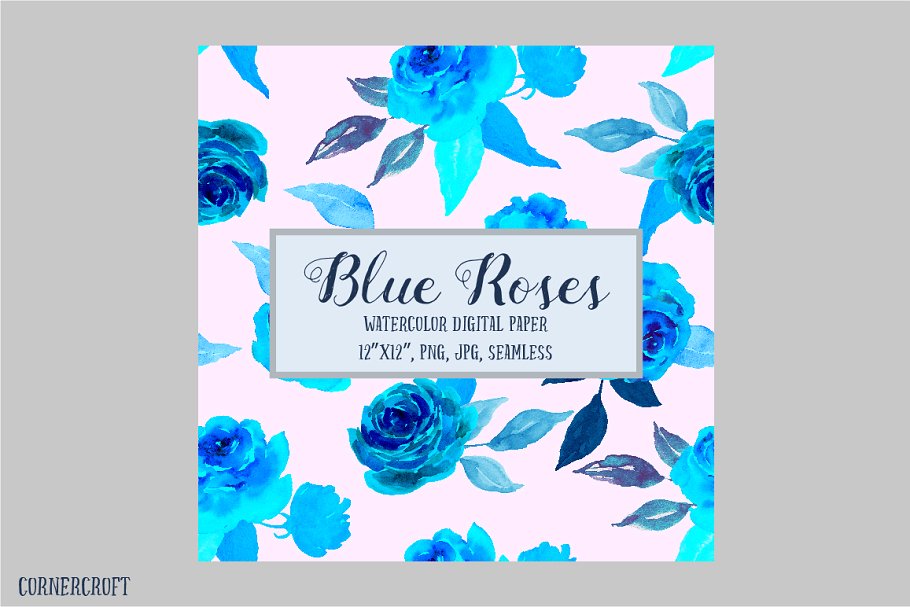 蓝色水彩玫瑰插画图案纸张纹理 Digital Paper Watercolor Blue Rose插图3