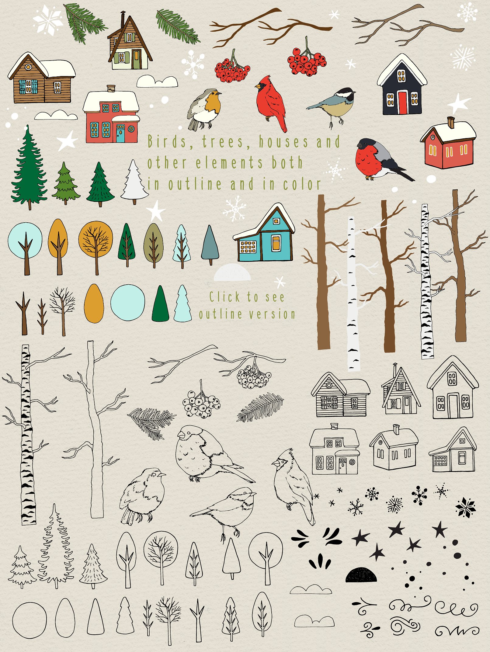 50个不同的手绘矢量剪贴画元素圣诞森林集合插图(4)