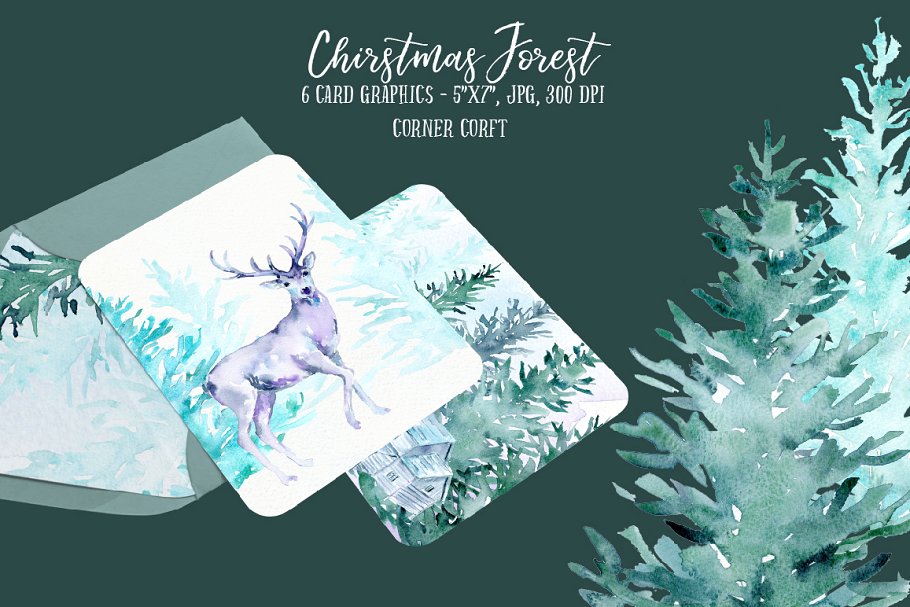 圣诞节奇幻森林水彩插画 Watercolor Christmas Forest插图5