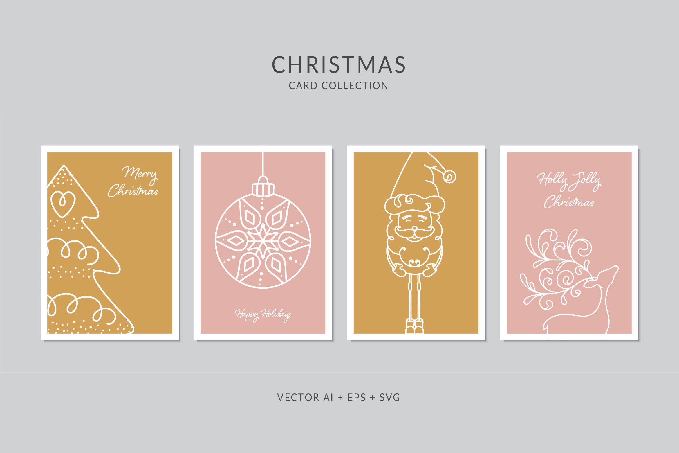 简笔画圣诞节元素手绘图案圣诞节贺卡模板 Christmas Greeting Card Vector Set插图
