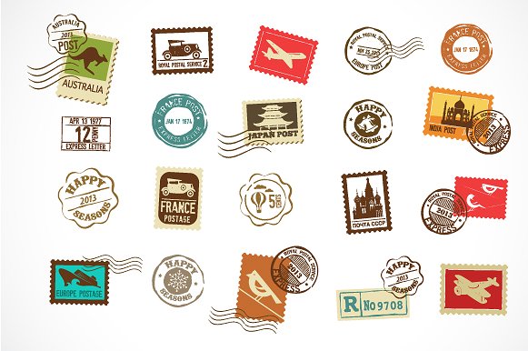 复古矢量邮票图标 Vintage vector stamps icons插图