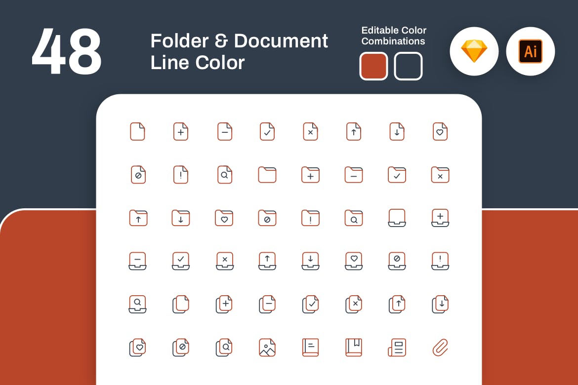 48枚文件夹&文档彩色线性矢量图标 Folder and Document Line Color插图(1)