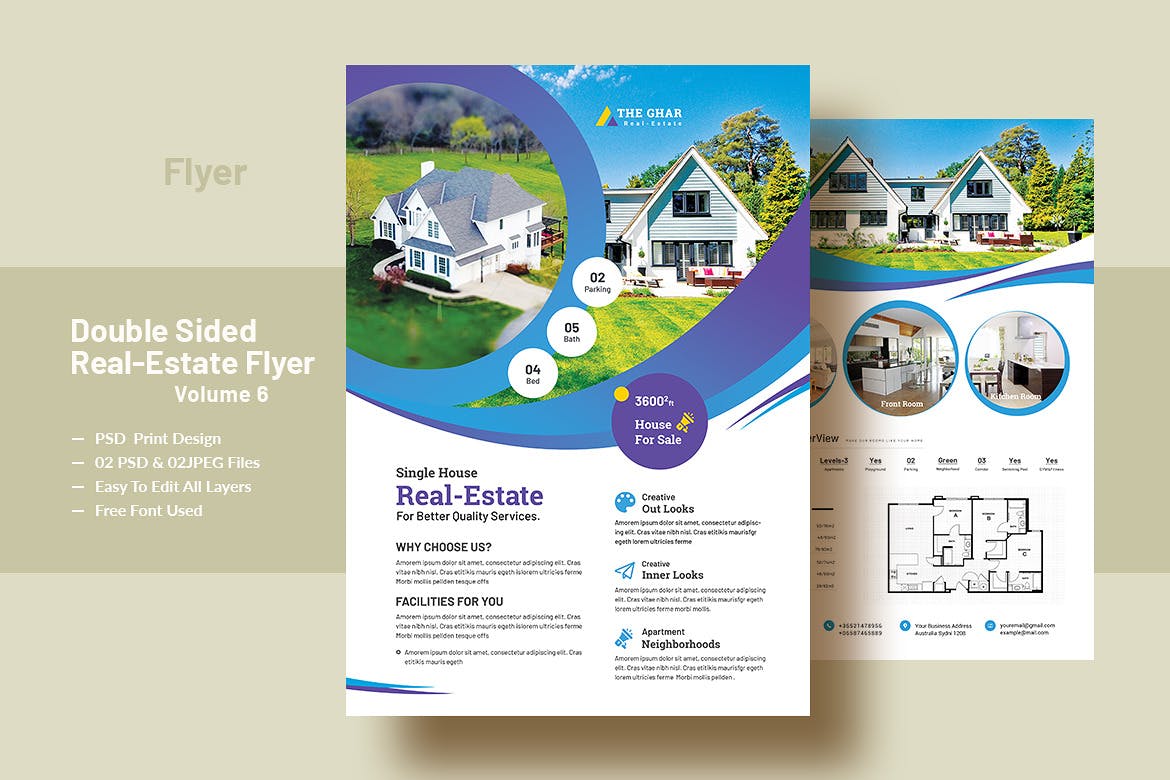 双面印刷楼盘销售/租赁海报传单设计模板v6 Double Sided Real Estate Flyer Template V-6插图(1)