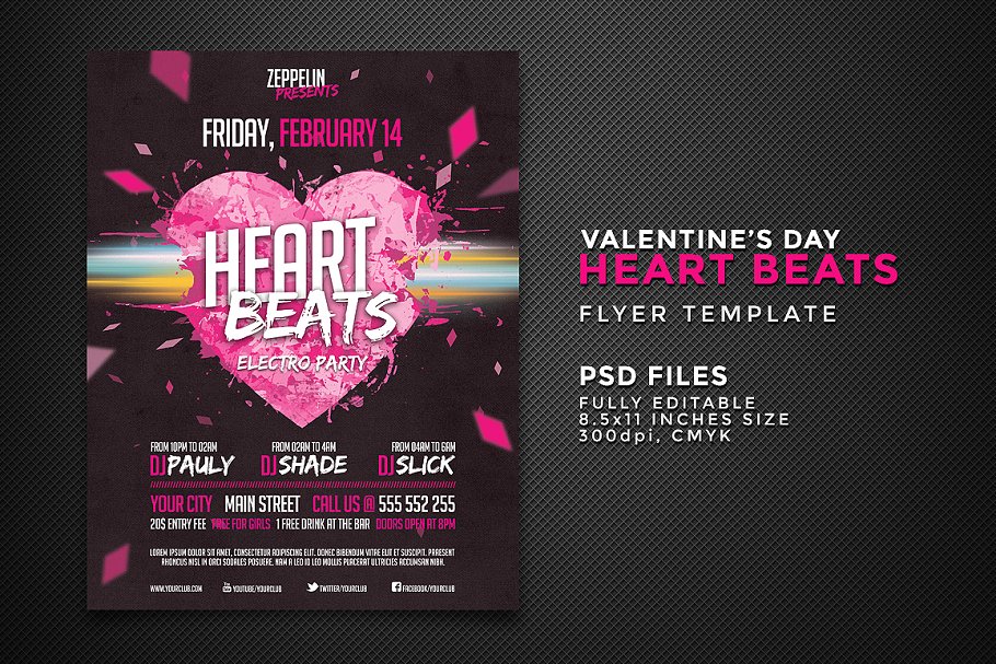 激情DJ音乐派对活动传单模板 Heart Beats Flyer Template插图