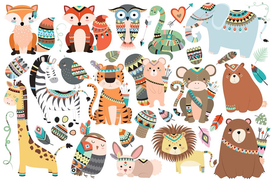 部族动物手绘剪贴画 Huge Tribal Animal Clipart Bundle插图(1)