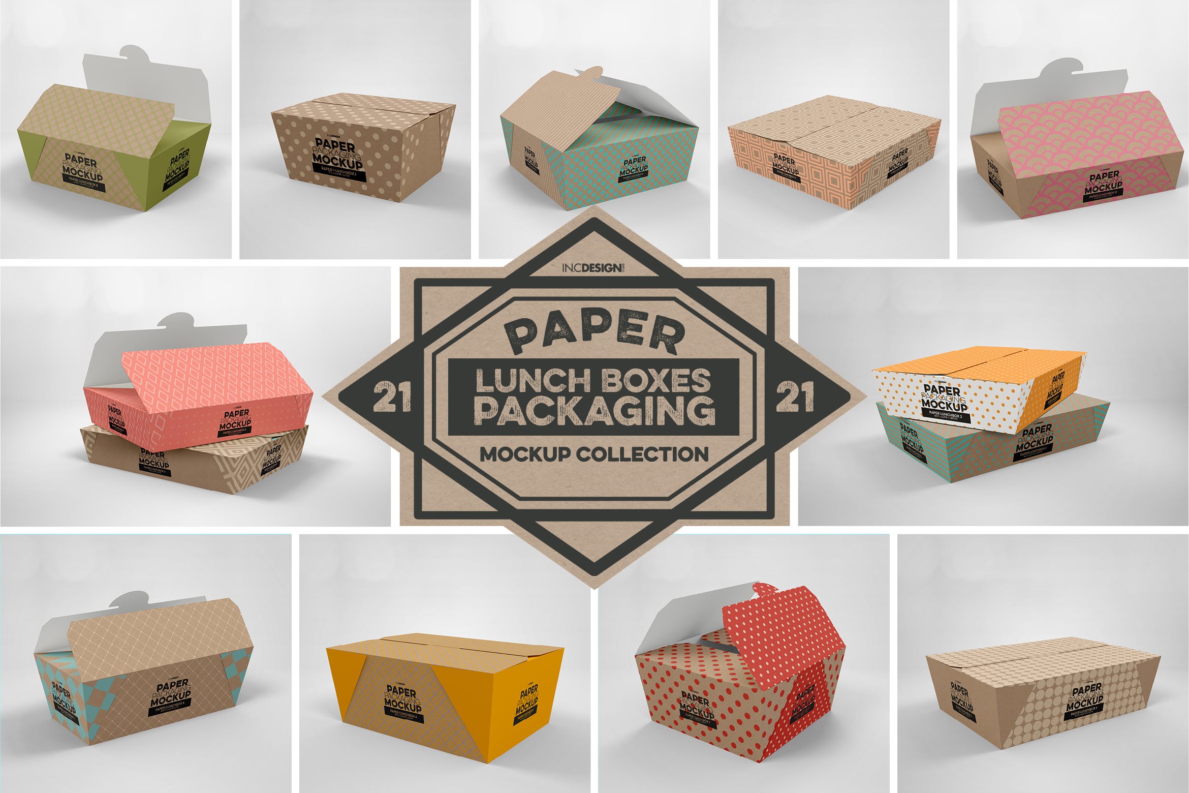 午餐外卖外带包装纸盒设计图样机 Paper Lunch Boxes Packaging Mockups插图