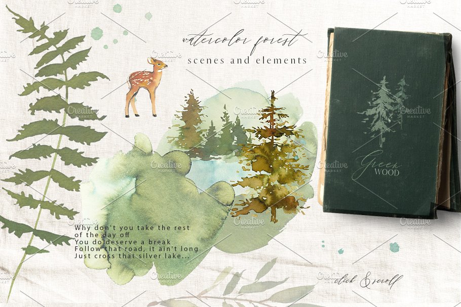绿色森林水彩图案剪切画集合 Forest – Green Watercolor Bundle插图4