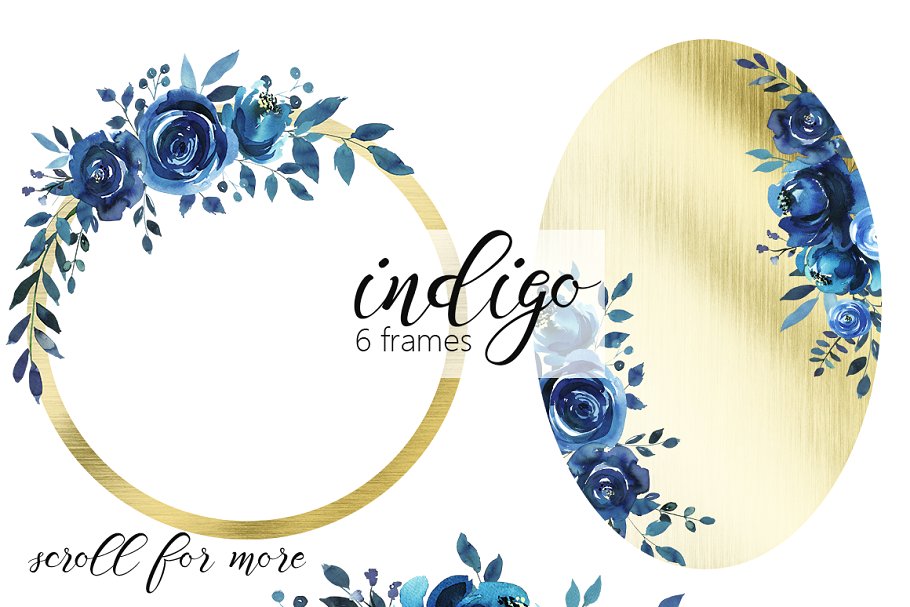 靛蓝水彩花卉剪贴画 Indigo Blue Watercolor Flowers Set插图4