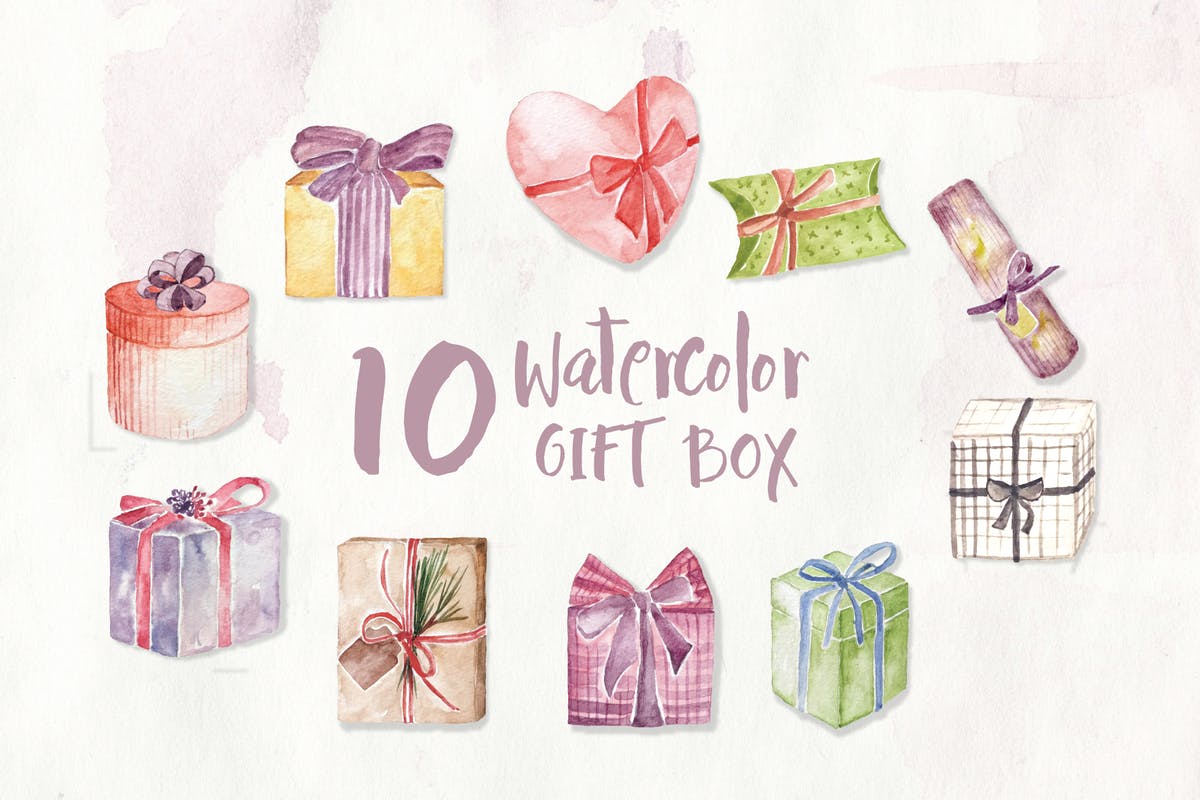 10款礼品盒装饰元素水彩插画 10 Watercolor Gift Box Illustration Graphics插图