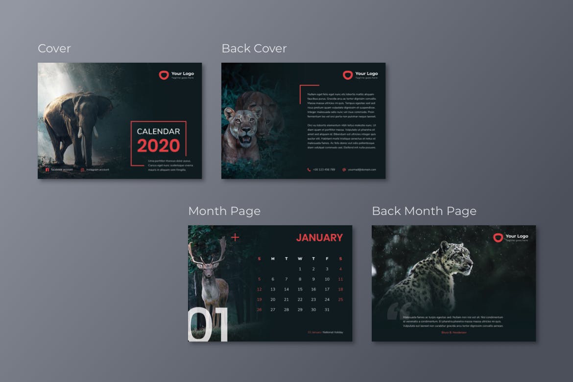 动物摄影主题2020款活页日历设计模板 Calendar 2020插图(1)