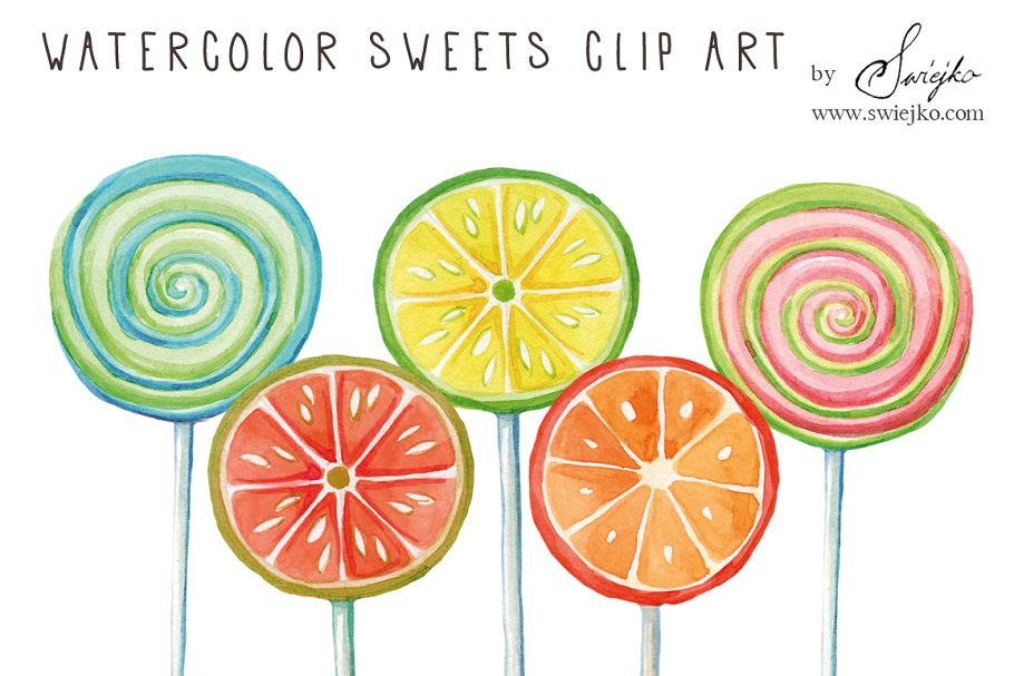 波板糖棒棒糖水彩剪贴画 Watercolor Clip Art,Lollipop插图
