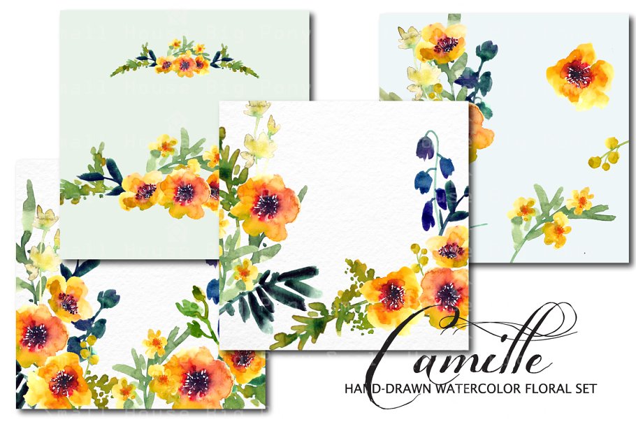水彩阳光暖黄色花卉素材 Camille- Watercolor Clip Art Set插图4
