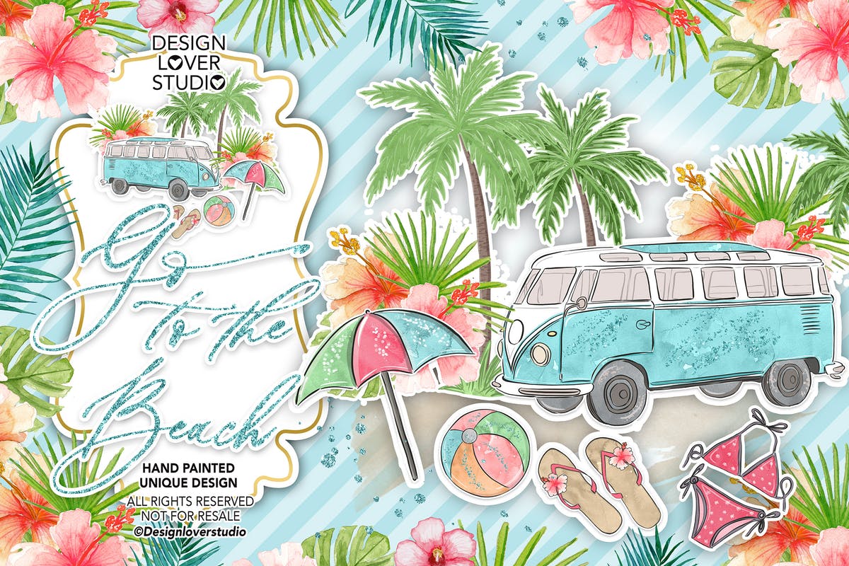 夏季海滩水彩剪贴画设计素材 Go to the Beach design插图