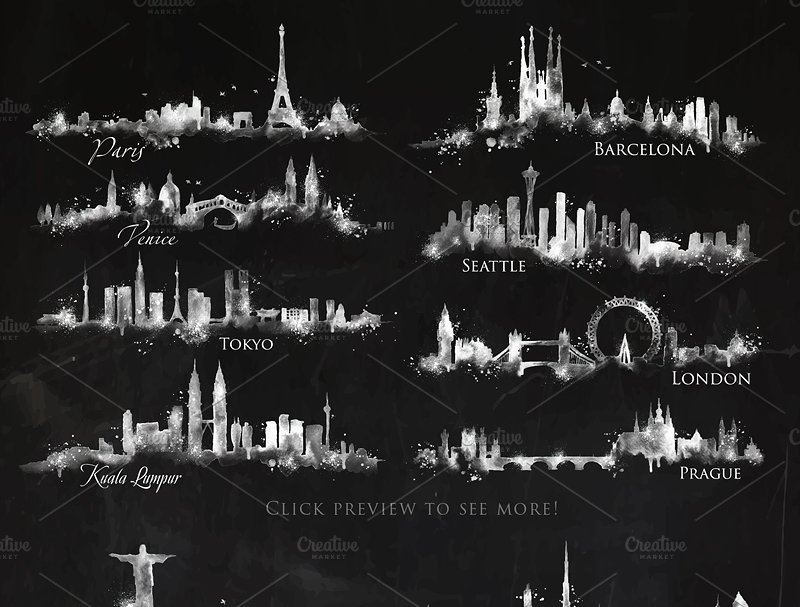 71个城市水彩剪影矢量图形 Silhouette city插图3