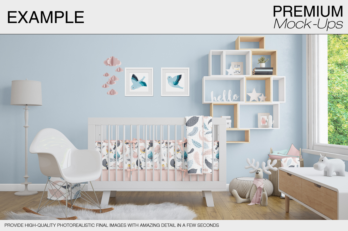 高品质的婴儿床 & 90个相框展示样机下载 Nursery Crib Wall & 90 Frames [psd]插图(15)