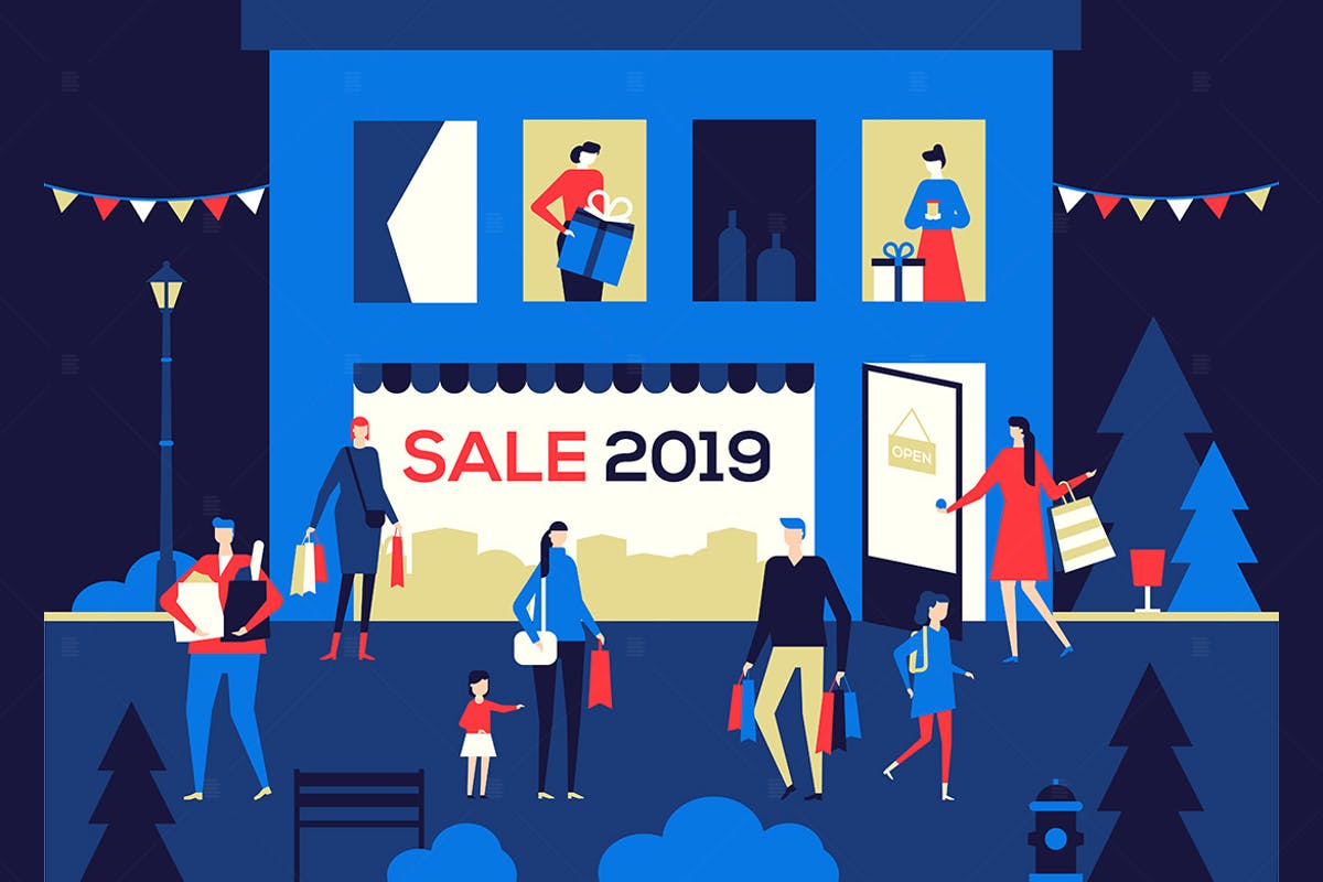 2019新年扁平化风格购物促销主题插画 Big Sale 2019 – flat design style illustration插图