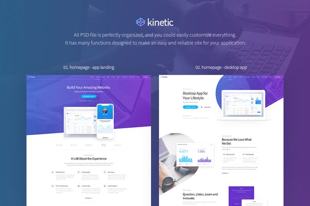 APP应用产品官网设计PSD模板 Kinetic – App Landing One Page PSD Template插图(1)