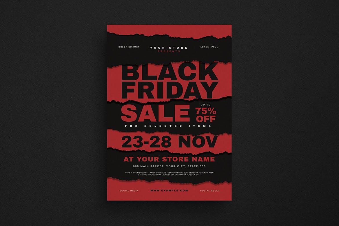 红黑配色撕纸风格黒五促销广告海报传单模板 Black Friday Event Flyer插图(1)