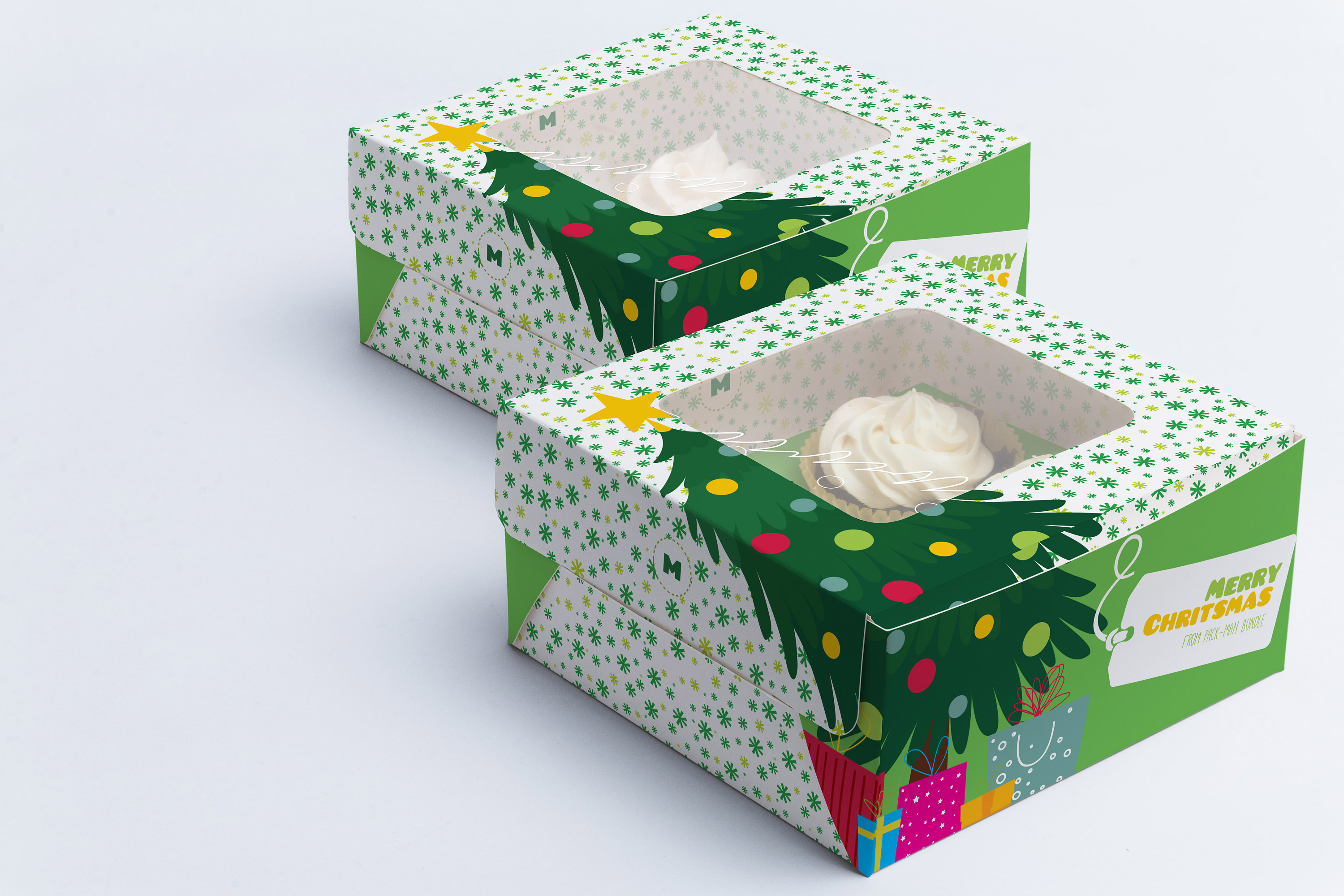 四个装纸杯蛋糕甜品礼盒包装设计样机03 Four Cupcake Box Mockup 03插图