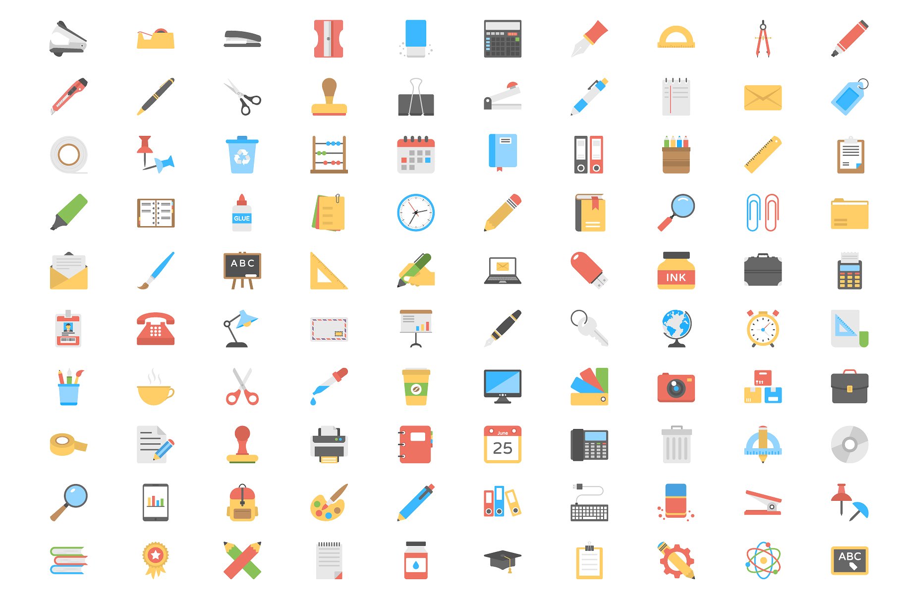 100枚办公及文具主题扁平图标 100 Office and Stationery Flat Icons插图(1)