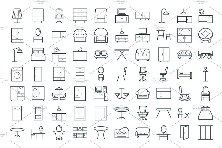 100个家居家具矢量线条图标  100 Furniture Vector Icons插图1