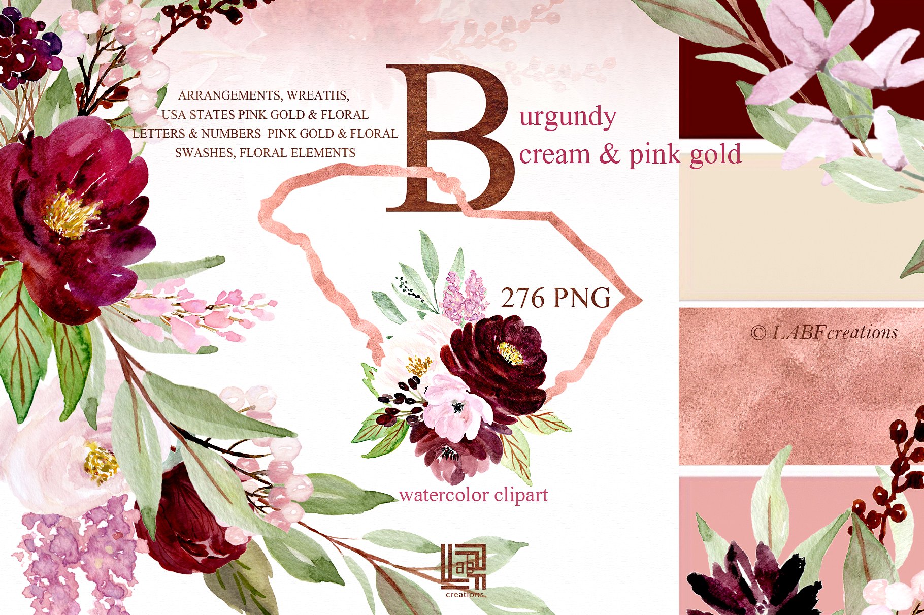 勃艮第奶油和金粉色水彩花卉剪贴画 Burgundy cream  & gold pink flowers插图