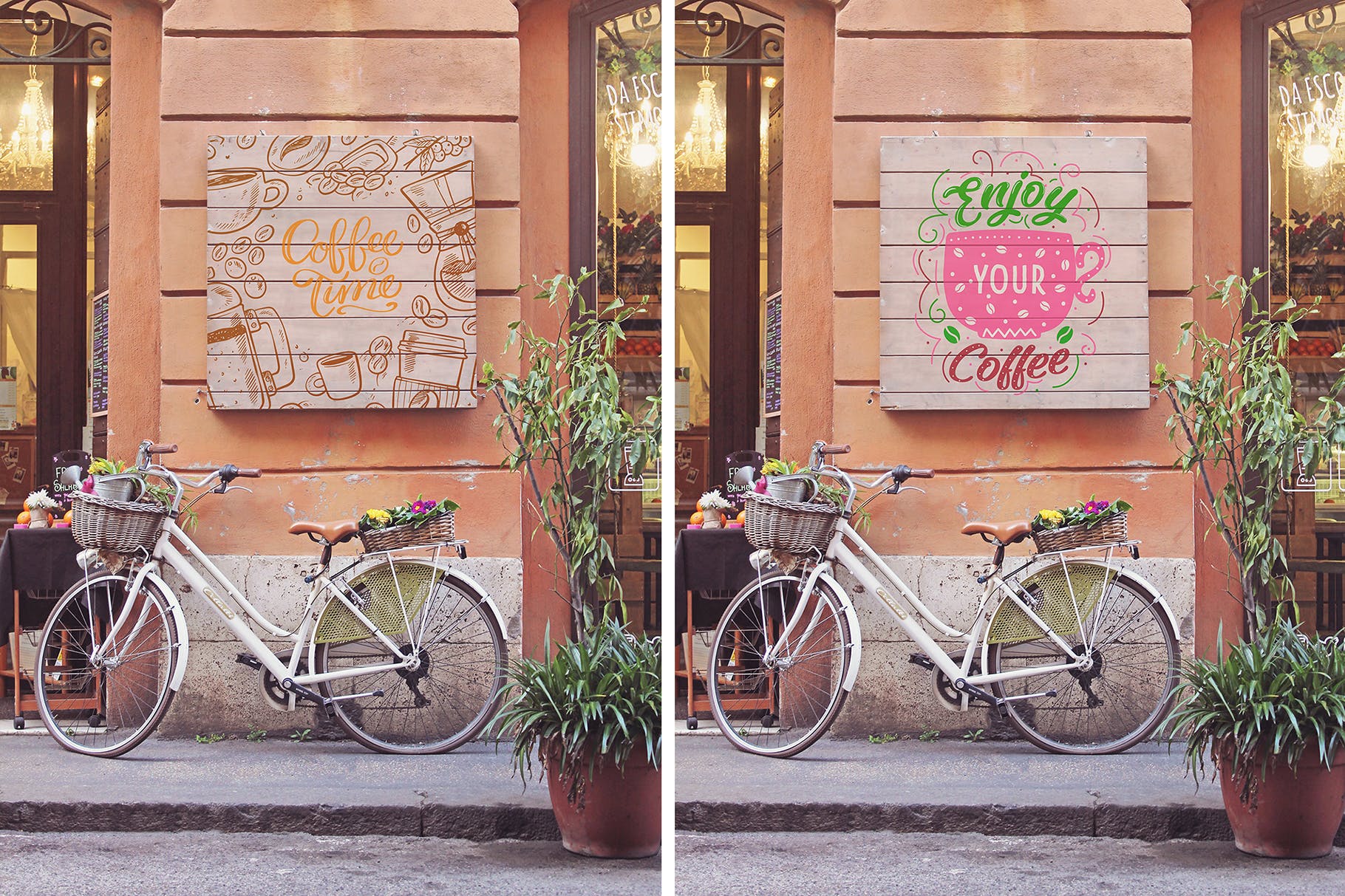 实木手工绘制告示牌设计效果图样机 Bike Duo Signboard Mockup插图(3)