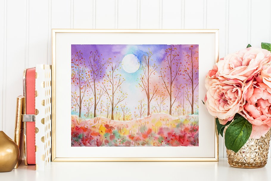 手绘水彩秋天山水景观背景 Watercolor Landscape Autumn Color插图(1)